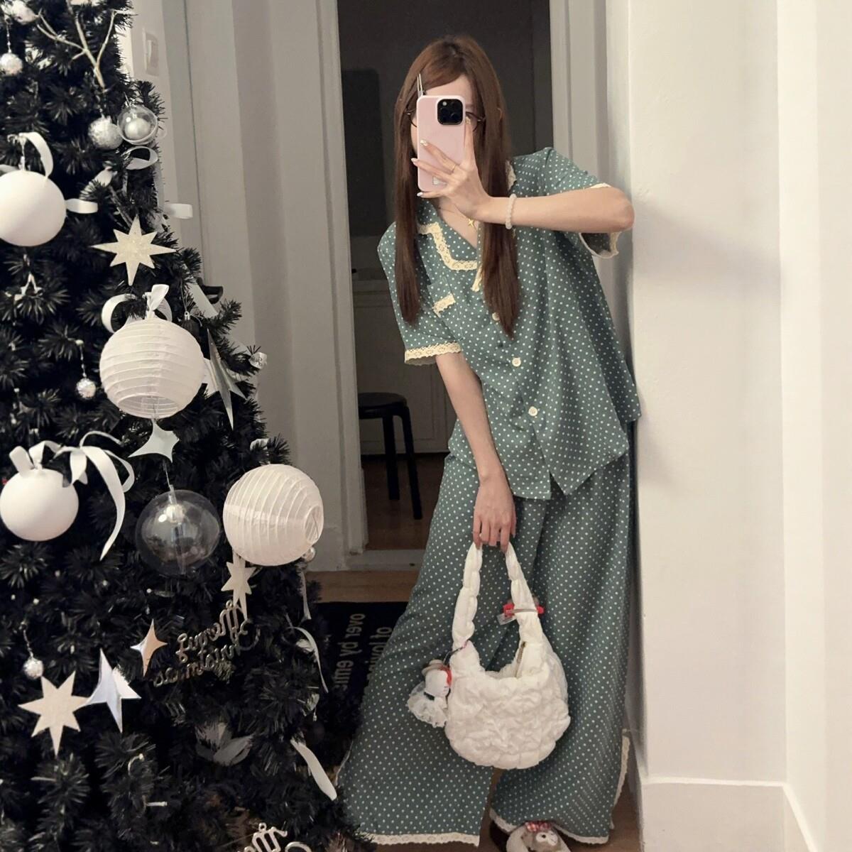 夏季彷棉麻睡衣女款宽松波点短袖长裤甜美复古风高级感家居服套装