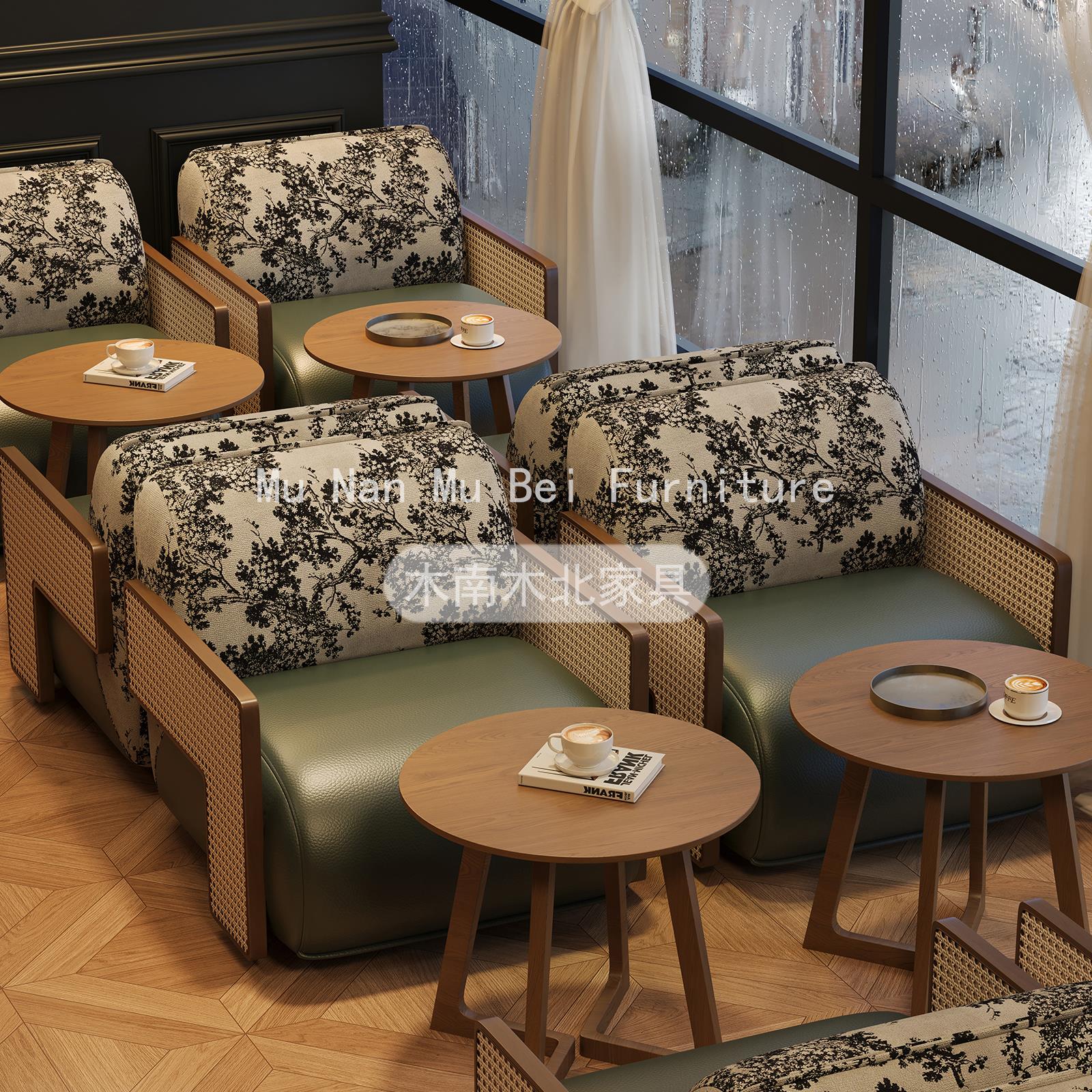 南洋覆古风咖啡厅实木藤编单人沙发休闲椅西餐厅商用餐饮桌椅组合