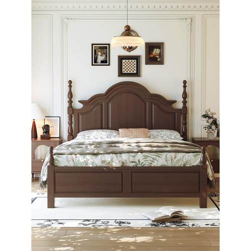 覆古实木床1米8双人床架主卧室现代简约中古风家具木头胡桃色家用