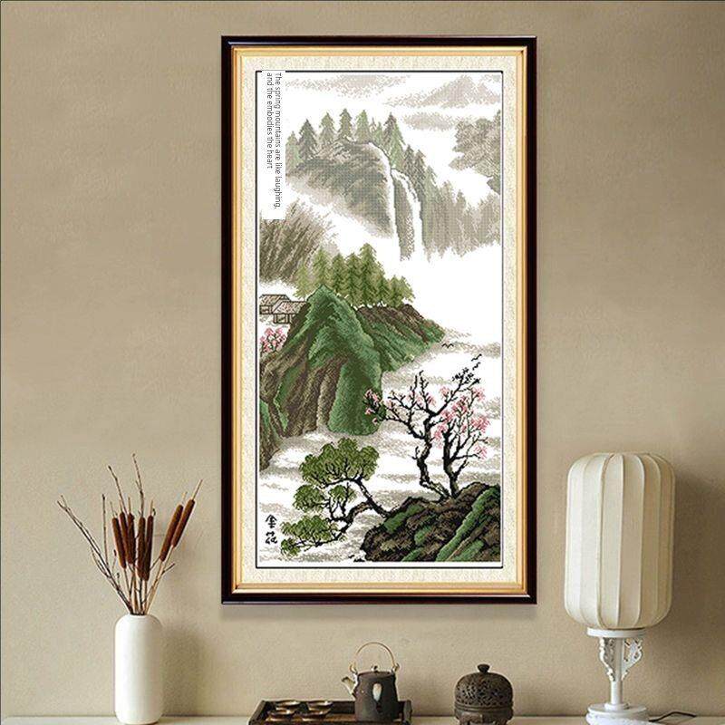 纯手工十字绣成品春山欢声笑语迎人垂版山水山水客厅入口画有好绣