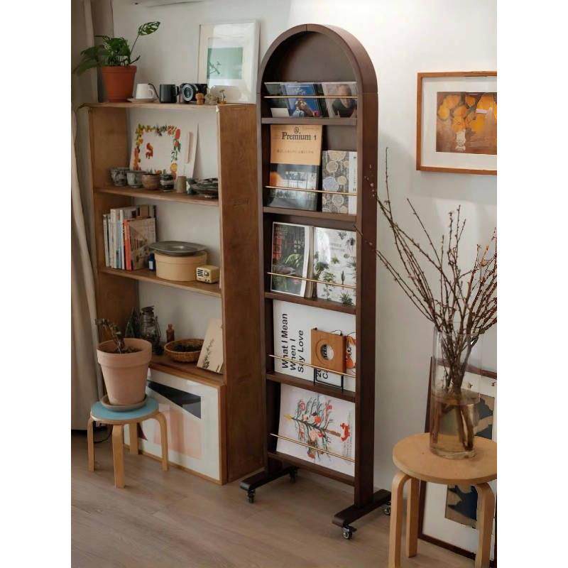 中式覆古实木全面镜活动落地旋转书架杂志一体化法式储物入口