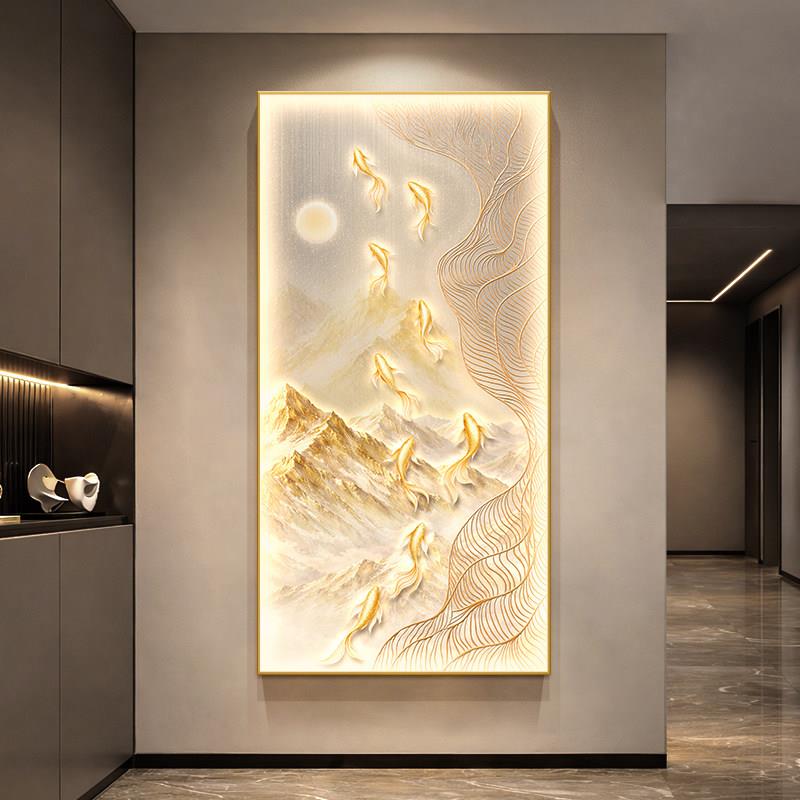 发光led九鱼图入户门玄关灯画正对墙壁画寓意好轻奢日照金山挂画