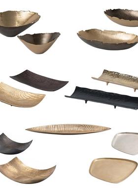 进口铝制新中式复古侘寂风长条托盘不规则碎边果盘碗形摆件装饰品