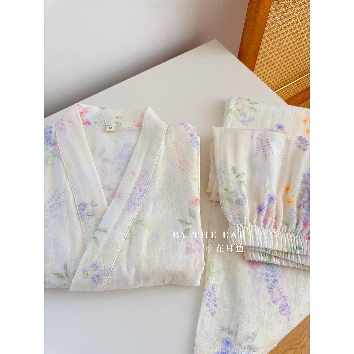 耳中樱日式和服睡衣女式夏季纯棉双层纱布浴袍棉质长袖睡衣