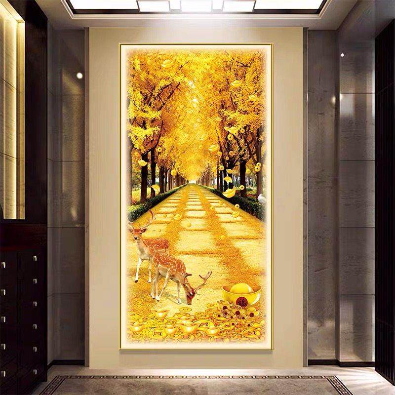 入户壁画LED过道麋鹿玄关挂画发光装饰画轻奢竖版灯画现代走廊