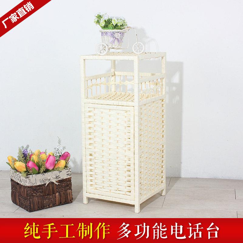 藤编简易角几床头收纳柜多功能带拉门电话台置物架小书架花盆架子