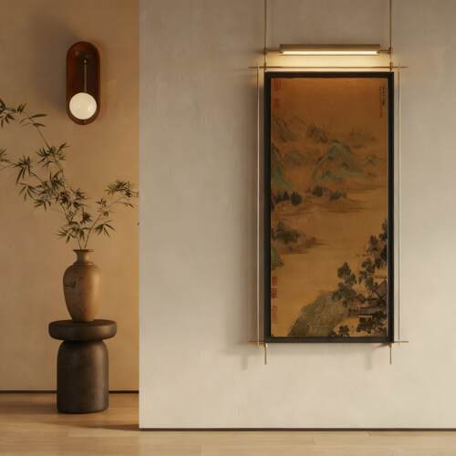 新中式山水画客厅装饰画国潮风宋氏美学墙面带灯挂画金属吊杆壁饰