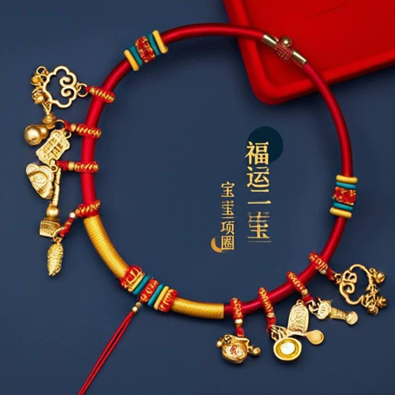 宝宝长命锁项圈儿童红挂绳百天项链婴儿满月百岁平安金锁编挂脖