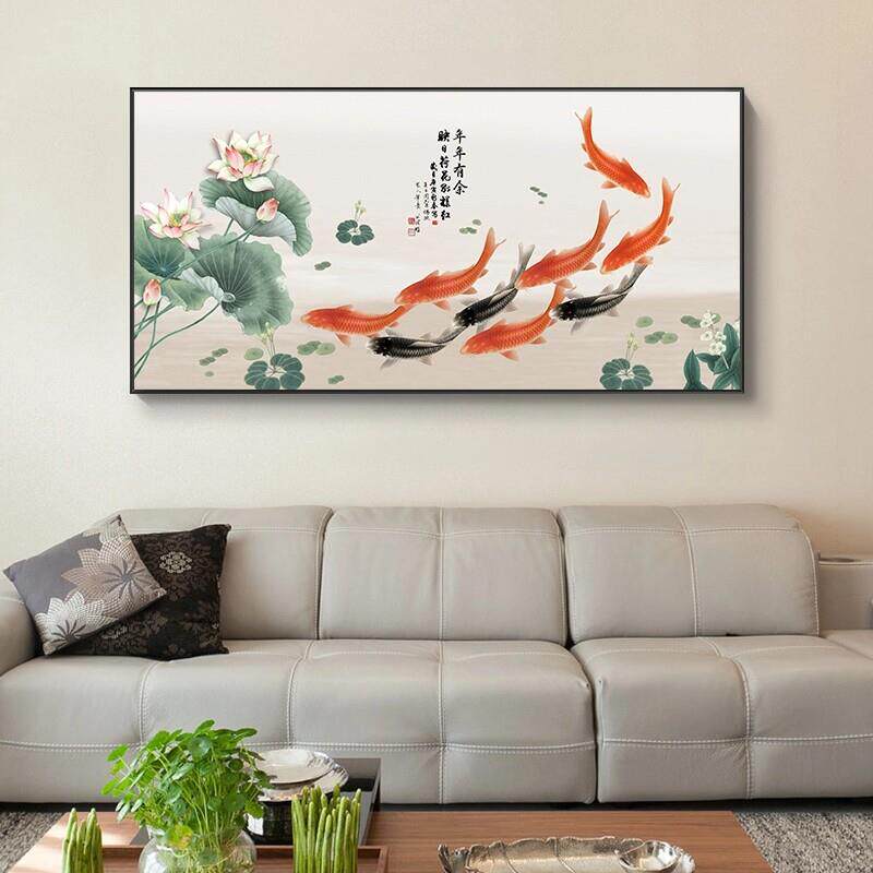 新中式沙发背景墙装饰画客厅墙面壁画饭厅荷花九鱼图招财风水挂画