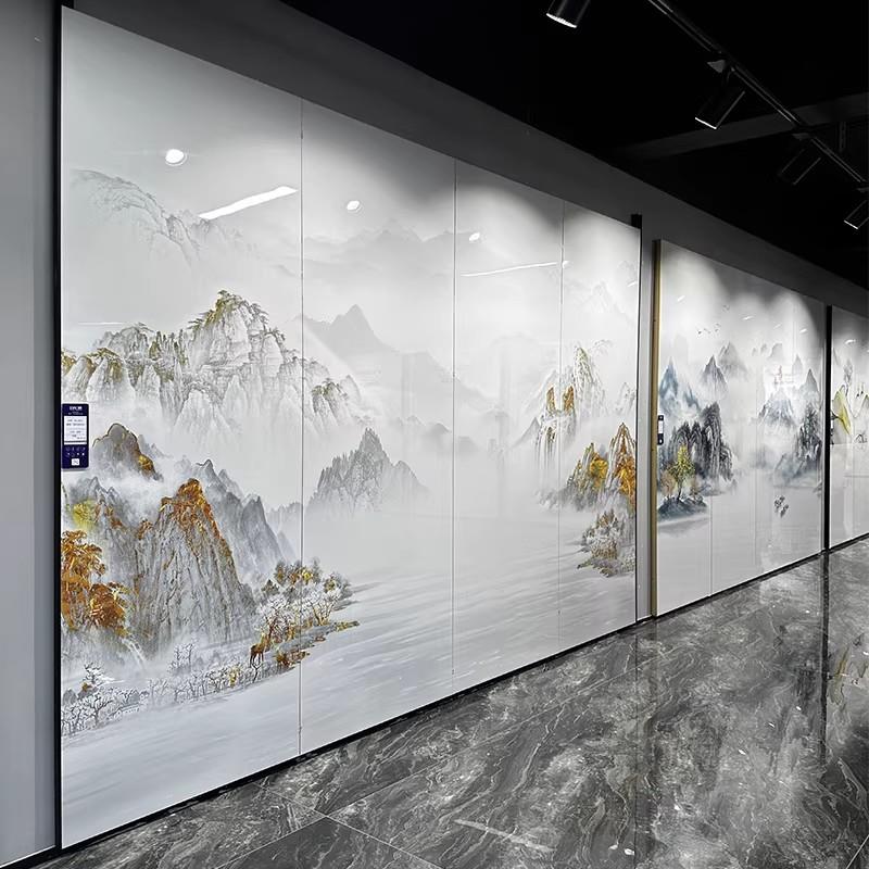 新中式山水亮光碳晶大板电视沙发背景墙竹木纤维集成墙板客厅装饰