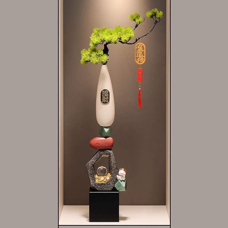 创意竖高石来运转花瓶摆件新中式客厅玄关迎客松花艺装饰新房摆设