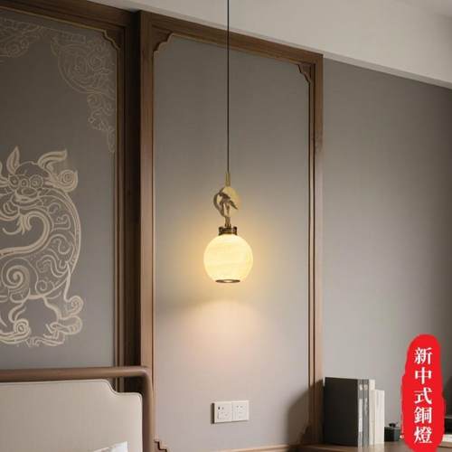 新中式玉石小吊灯卧室床头灯全铜客厅玄关吧台饭厅走廊走道灯具