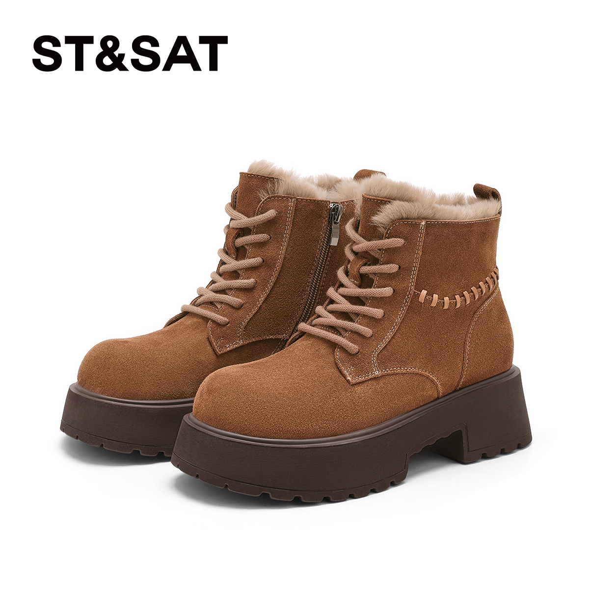 星期六厚底增高复古棕色马丁靴