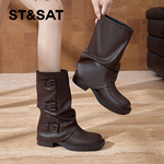 星期六褶皱堆堆靴女2025新款秋季裤管短靴复古棕色爆款骑士马丁靴