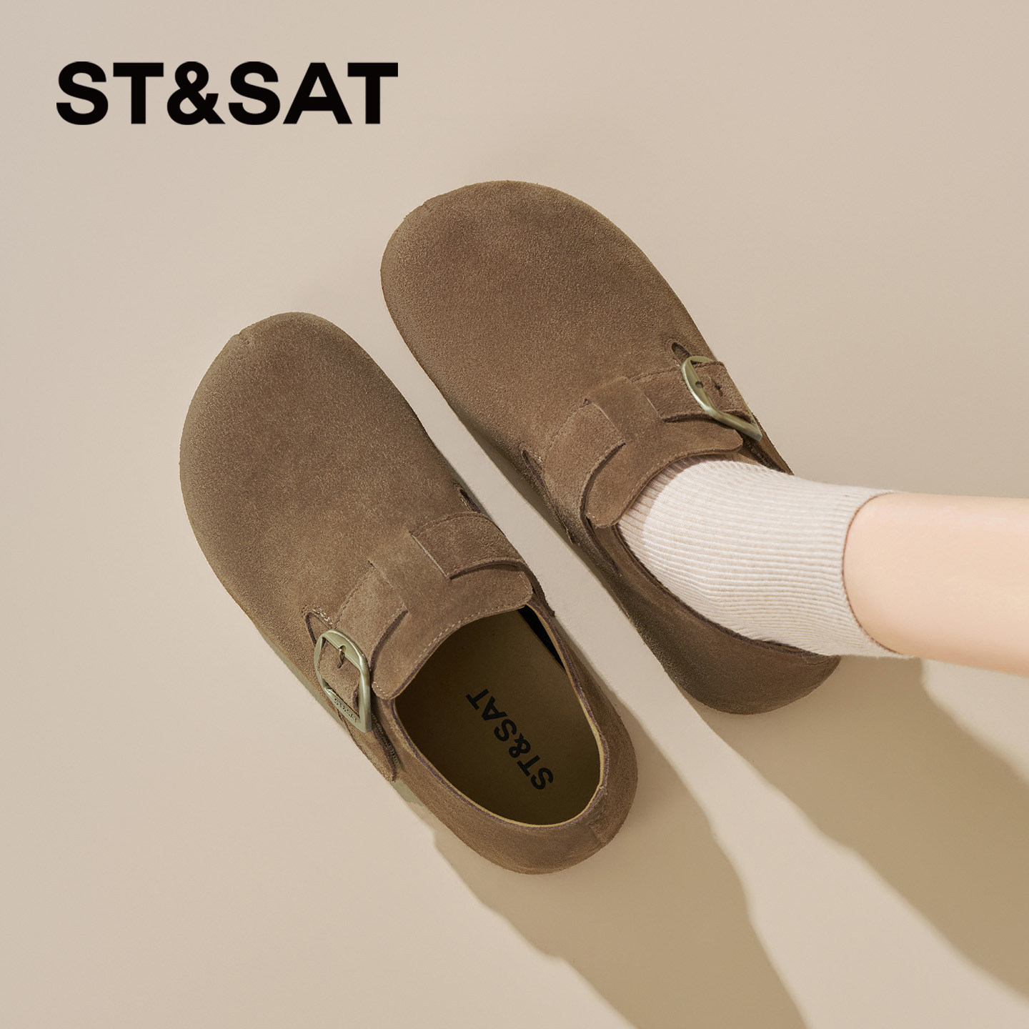 星期六真皮勃肯鞋女全包2026新款单鞋时尚百搭内增高休闲平底女鞋