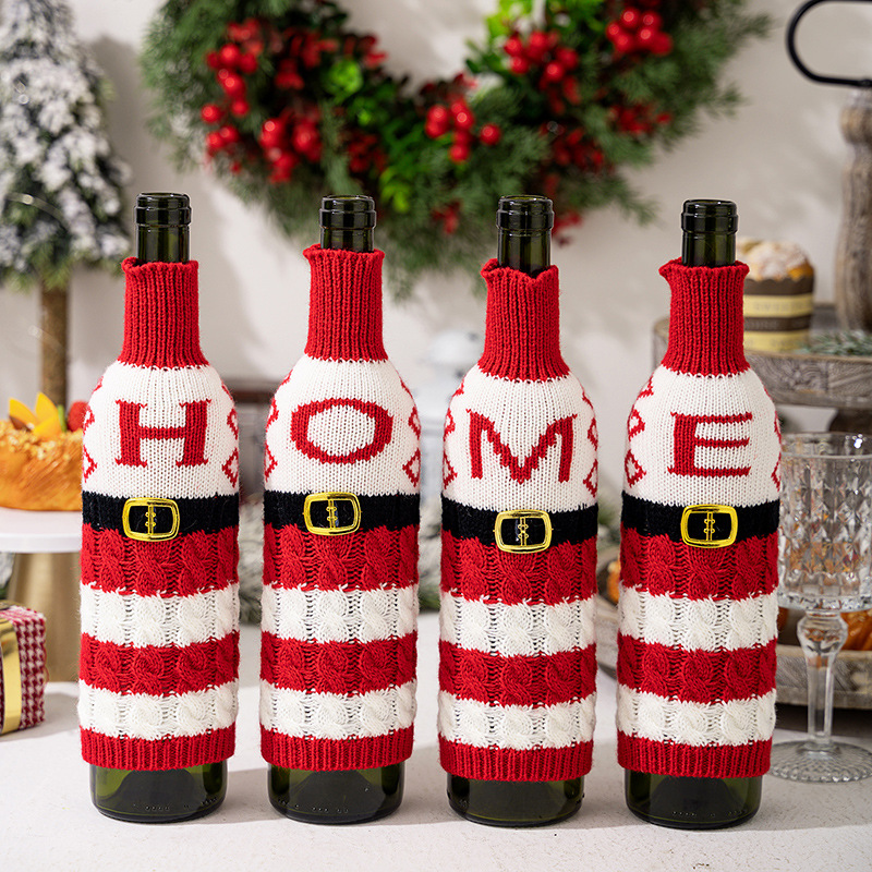 豪贝跨境新款针织字母酒瓶套 红白条纹红酒套HOME字母DIY酒瓶装饰