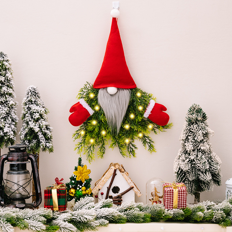 豪贝跨境新款圣诞节装饰品发光无脸老人圣诞花环挂件橱窗装饰门挂