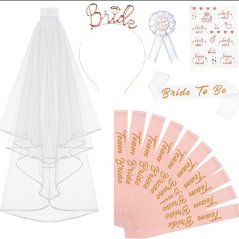 bride to be头纱套装单身派对新娘烫金肩带玫瑰金服饰纹身贴