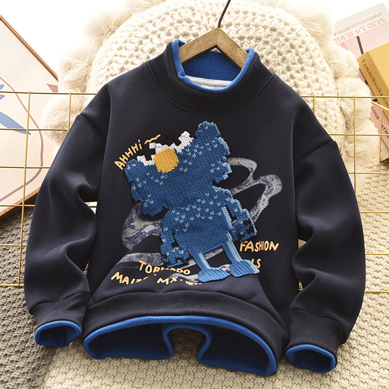 男童卫衣加绒冬季毛衣绣2023新款儿童假两件中大童加厚保暖上衣