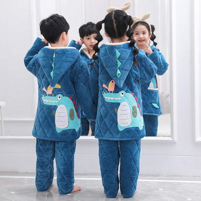 儿童睡衣冬季加厚长款三层夹棉特厚水晶绒男童女童宝宝家居服套装