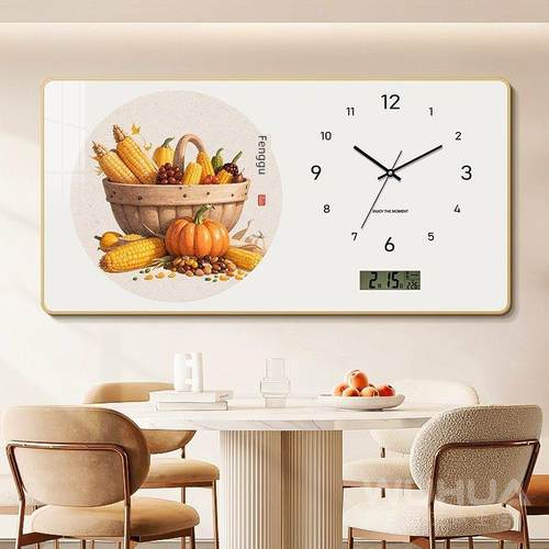 2025新款五谷丰登餐厅装饰画万年历电子钟客厅表挂墙静音时钟表画
