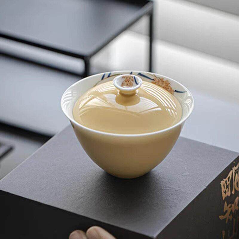 手绘麦穗盖碗轻奢礼盒装杏黄二才盖碗功夫茶具茶器不烫手泡茶碗