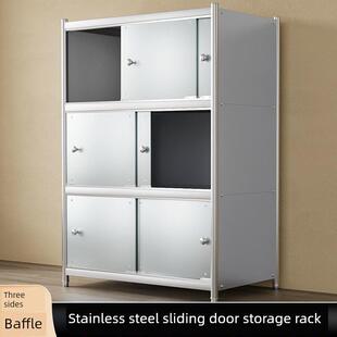 带门的不锈钢储物架，厨房落地式微波柜架，带多层后面板的家庭储