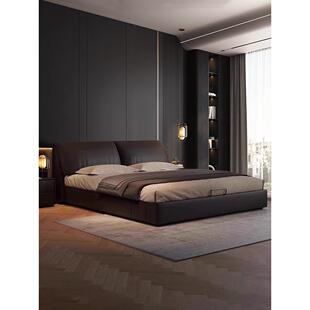 现代简约真皮大象耳朵主卧高端双人床意式极简软包齐边皮艺床婚床