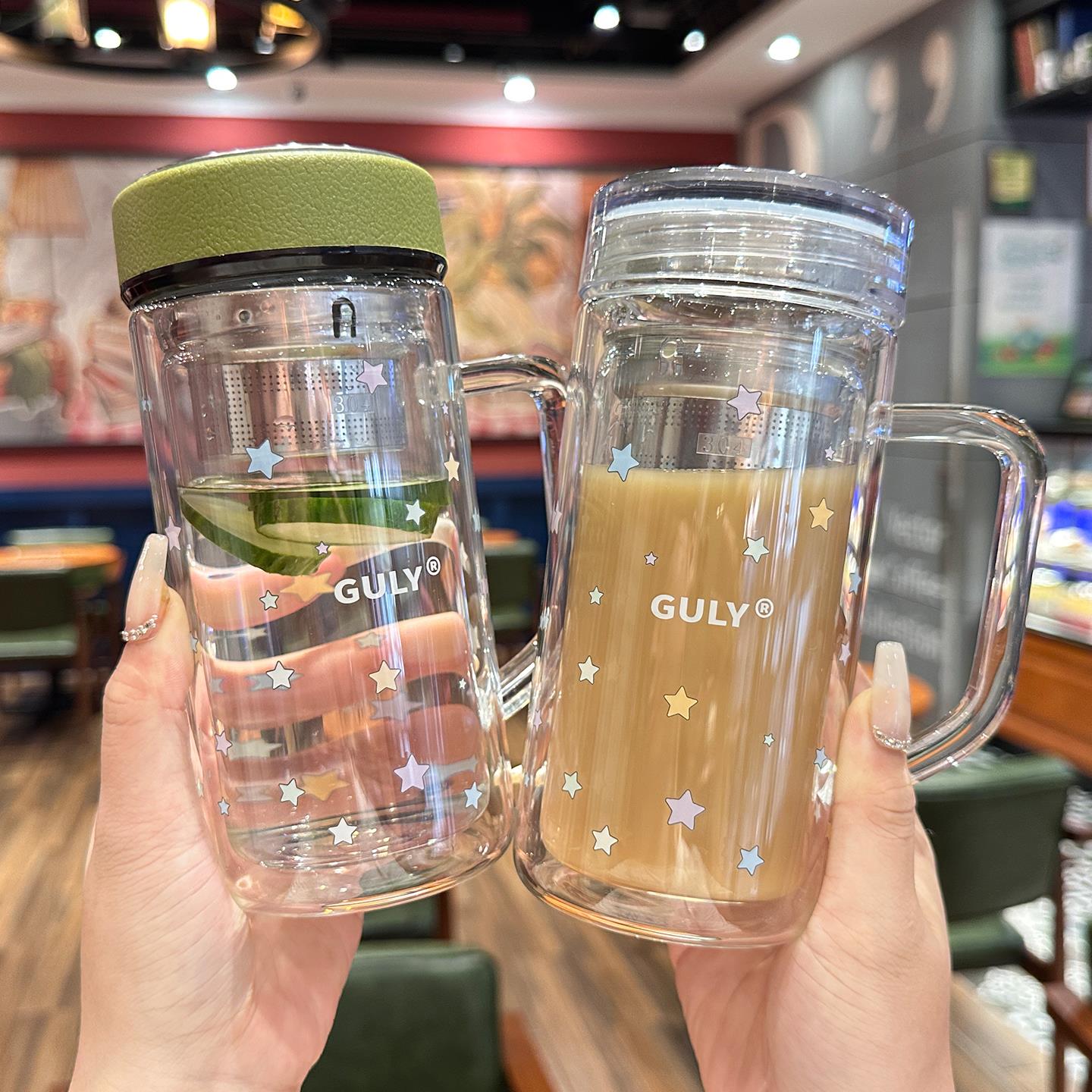 双层玻璃杯水杯女生高颜值家用带手柄新款办公室茶水分离泡茶杯子