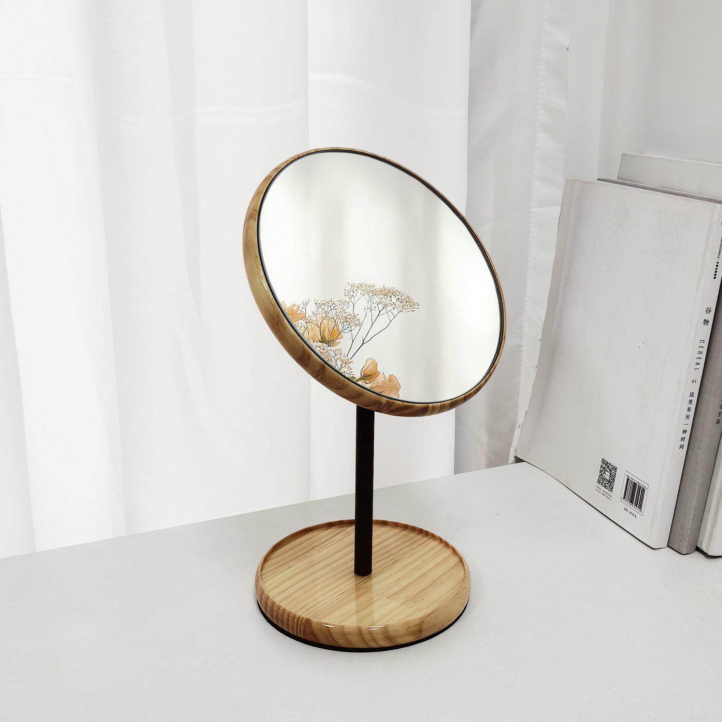 实木化妆镜台式桌面可旋转收纳卧室梳妆台简约原木圆形高清镜子