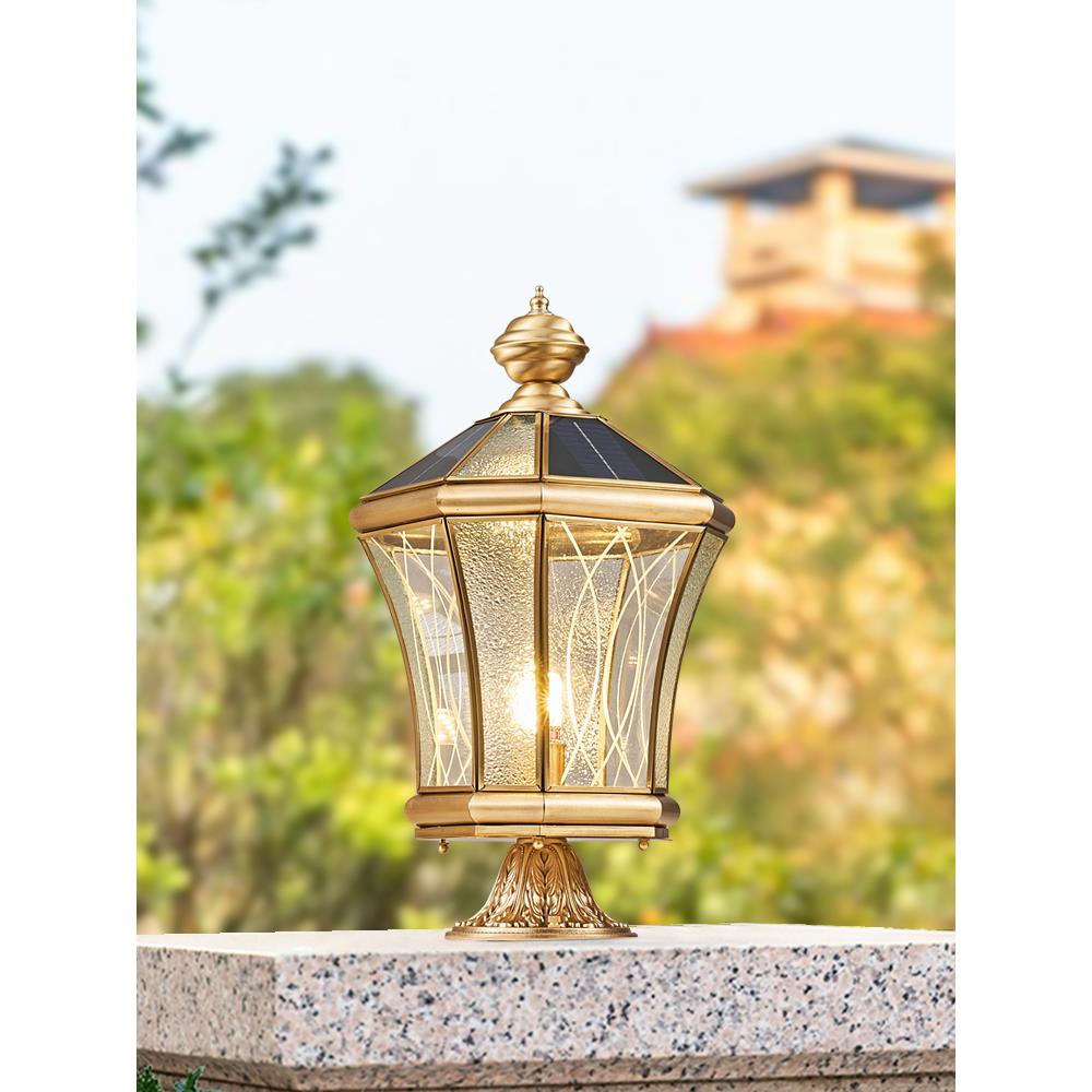 全铜欧式太阳能花园灯户外防水庭院栅栏柱别墅大门柱头灯连接模型