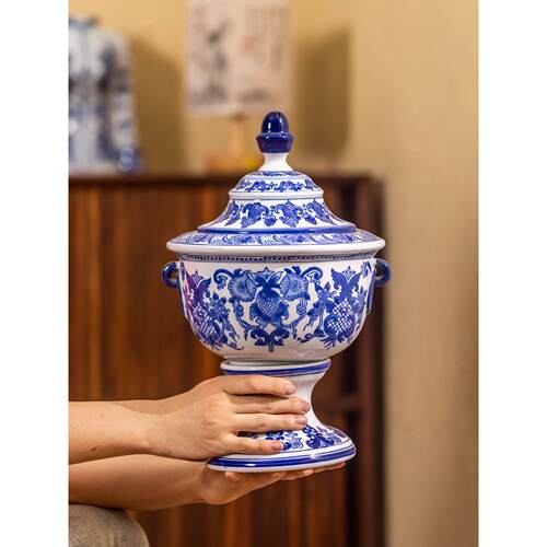 丝绸绘画青花瓷陶瓷覆古花瓶鲜花B&B入口客厅花瓶奖杯花瓶可以水