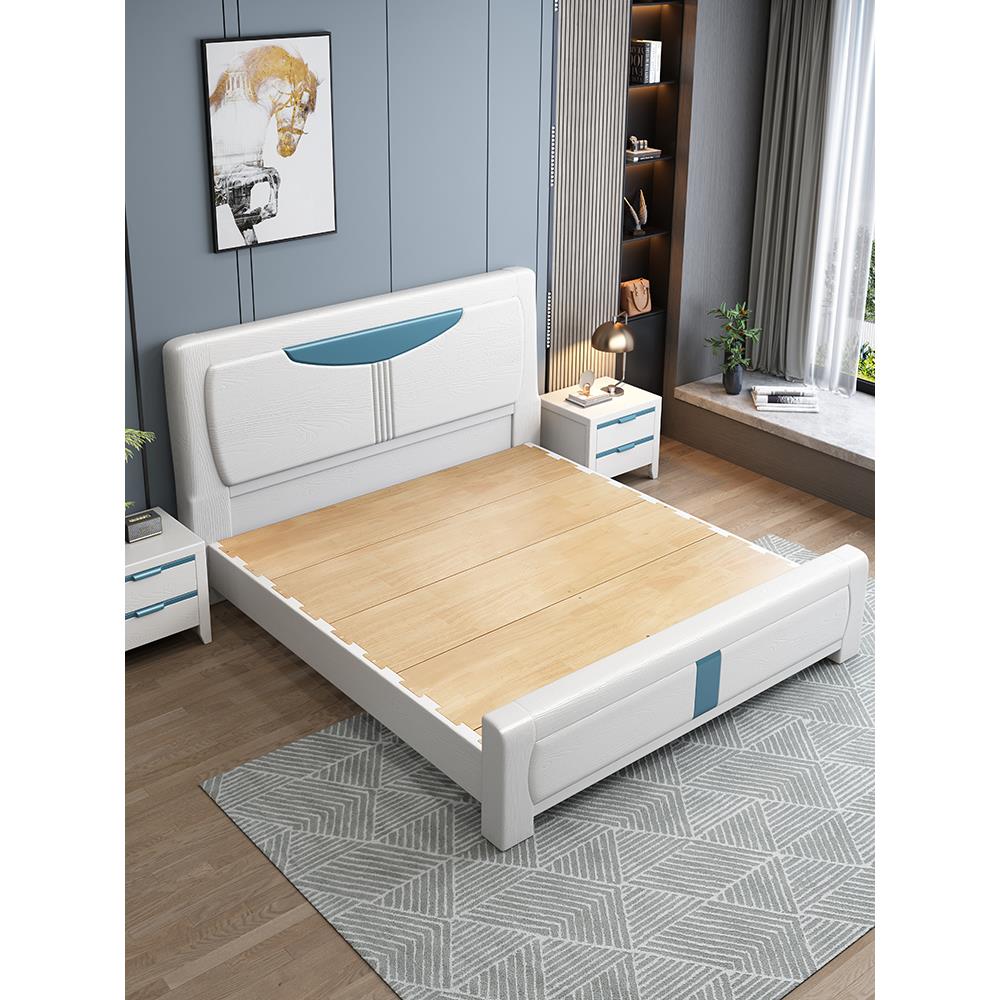 北欧橡胶木实木压纹现代简约1.8米主卧双人榫卯床1.5轻奢储物婚床