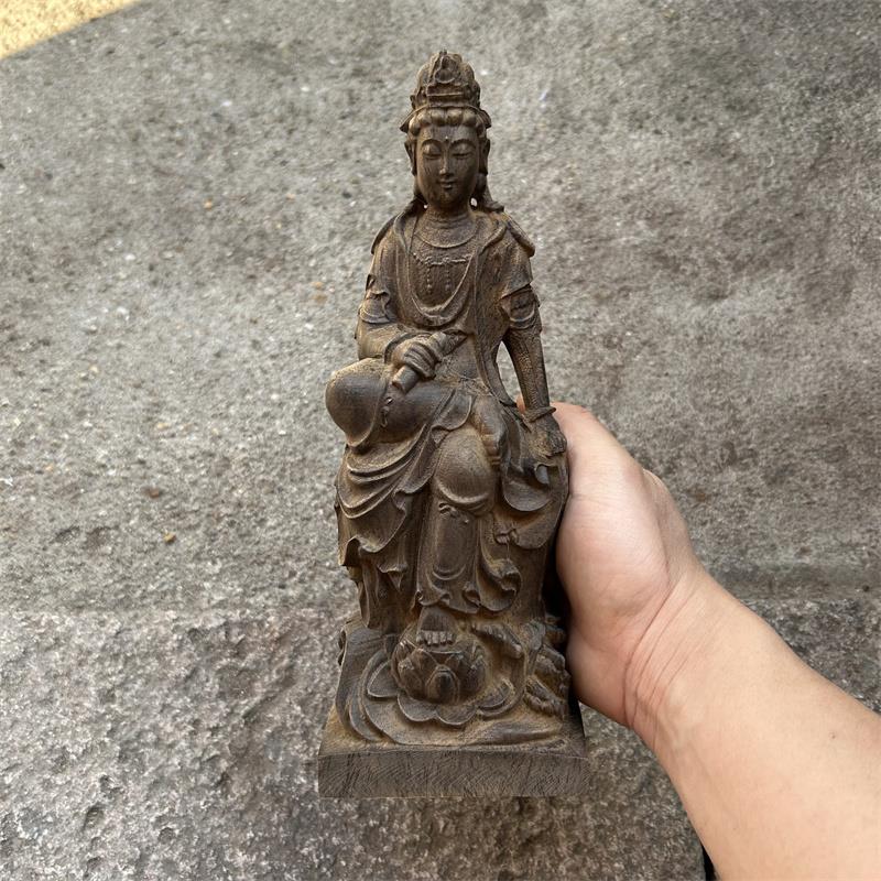 越南沉香木雕坐式踏莲自在观音佛像摆件南海观音菩萨神像手持经书