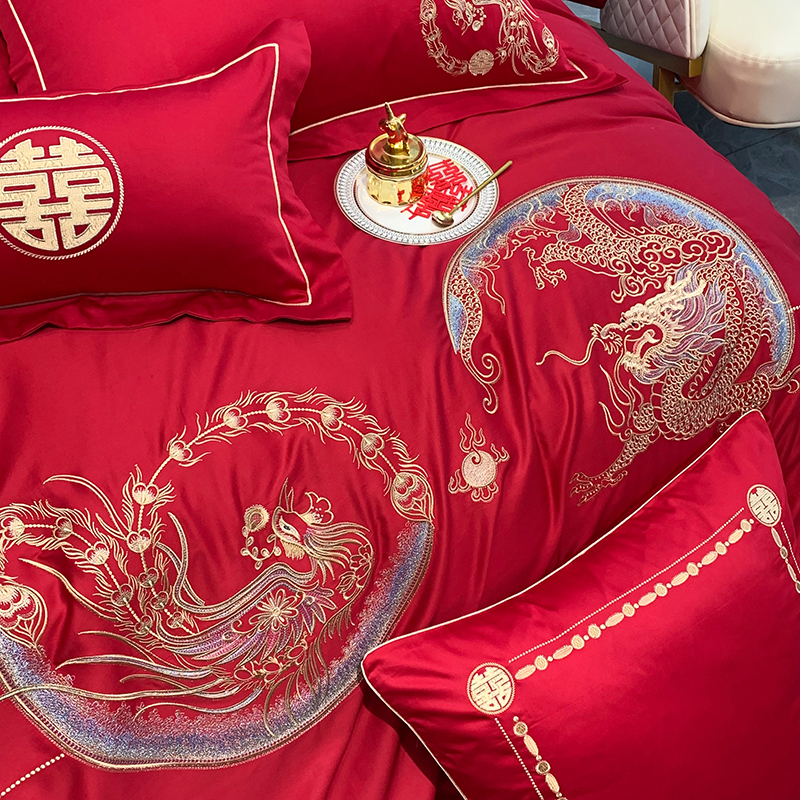 100S长绒棉新婚庆四件套大红色龙凤被套全棉结婚陪嫁床单床上用品