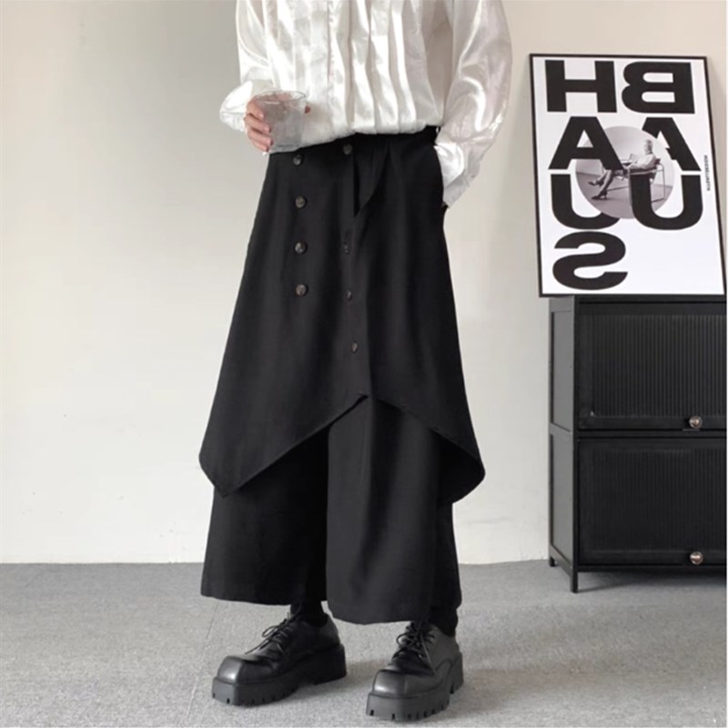 山本风棕色裤子男款假两件不规则西裤叠层大裆垮裤高级感宽松裙裤