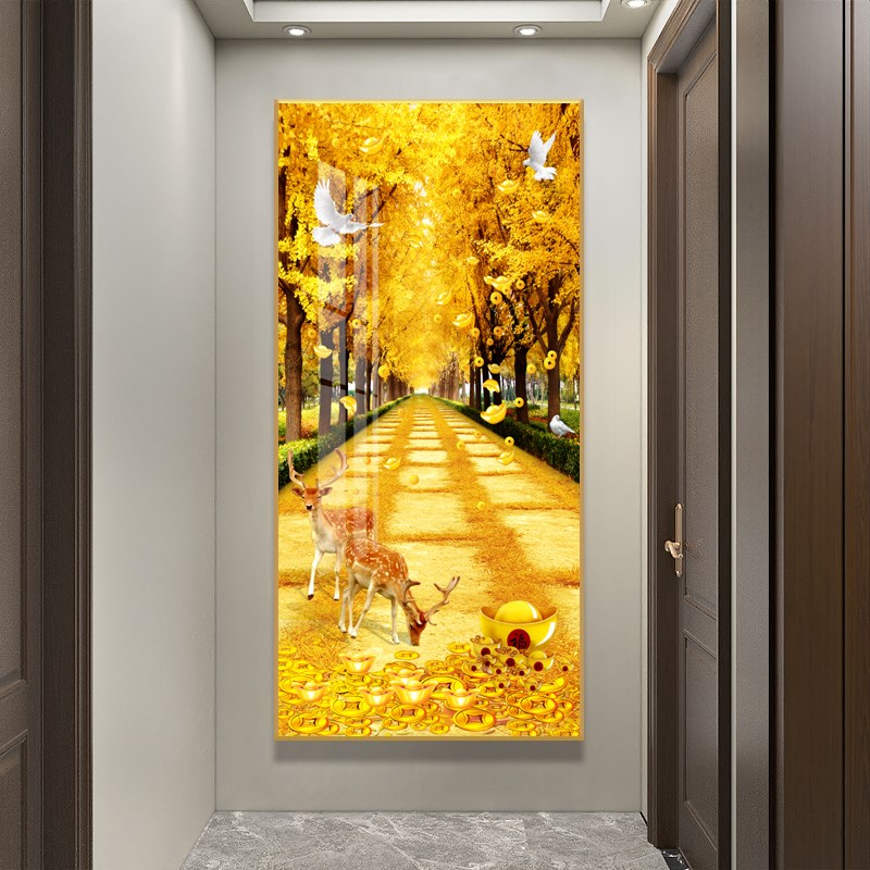 入户玄关竖版新中式装饰画镶钻晶瓷画客厅挂画轻奢过道走廊发财树图片