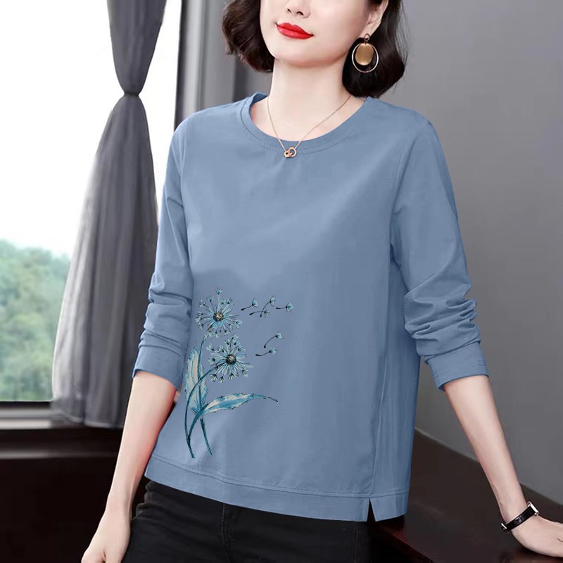 妈妈纯棉长袖t恤女宽松洋气上衣中老年女装2023新款春秋装打底衫