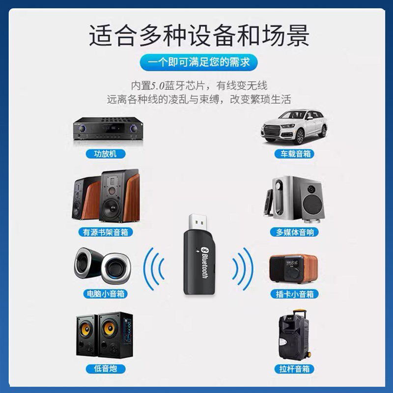 USB蓝牙接收器5.0车载音响功放低音炮老式音箱转换蓝牙音响双输出