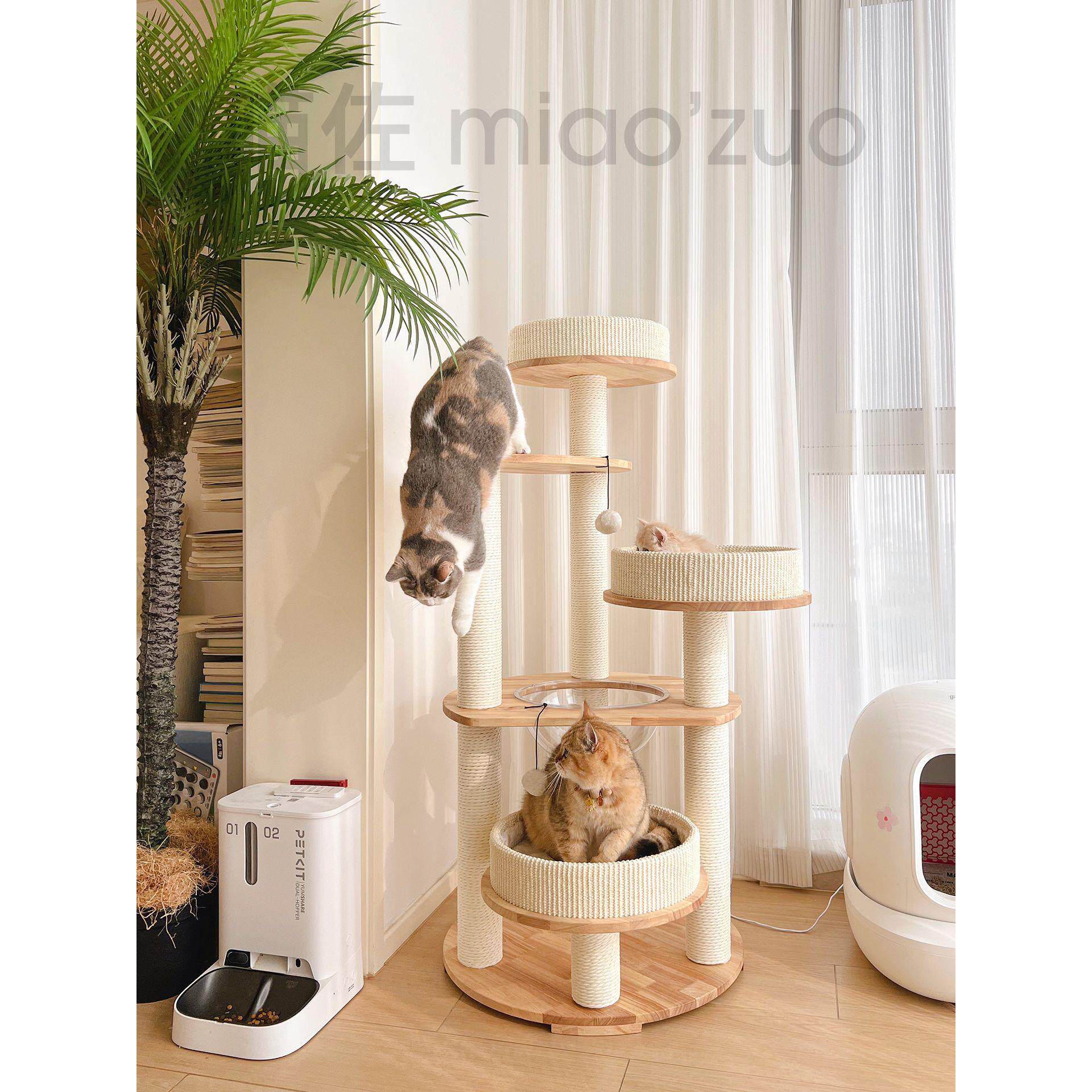 喵佐实木柱猫爬架猫窝猫树一体橡胶木猫架太空碗猫塔221122蜜罐猫
