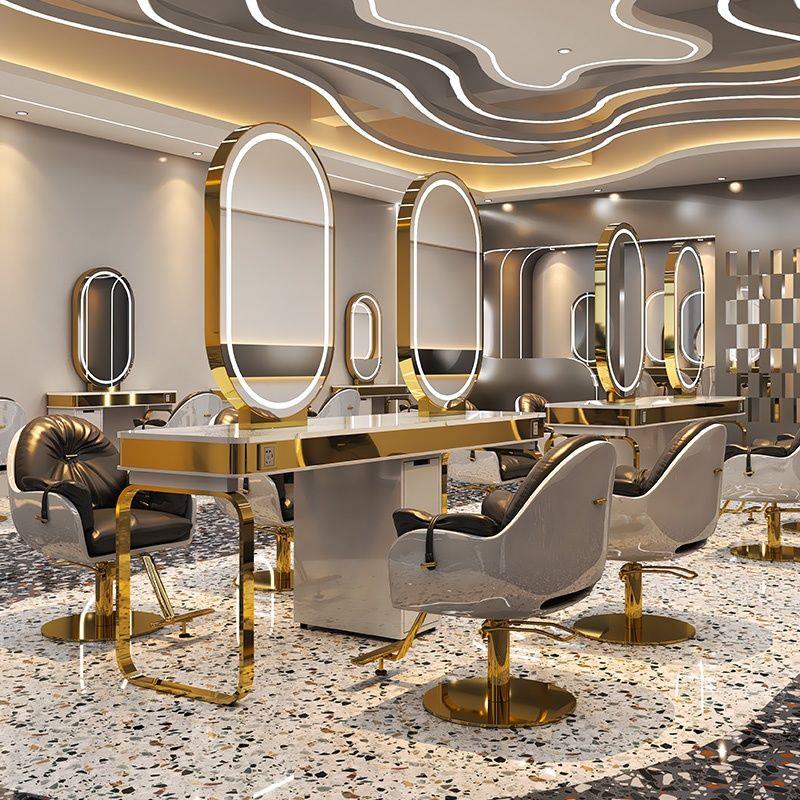 网红美发美发店发廊专用烫染带灯镜台镜子轻奢双面理发店剪发