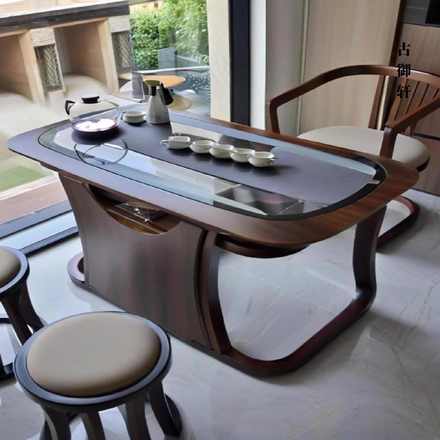 小户型新中式阳台茶桌椅组合轻奢实木家用烧水壶嵌入现代简约定制