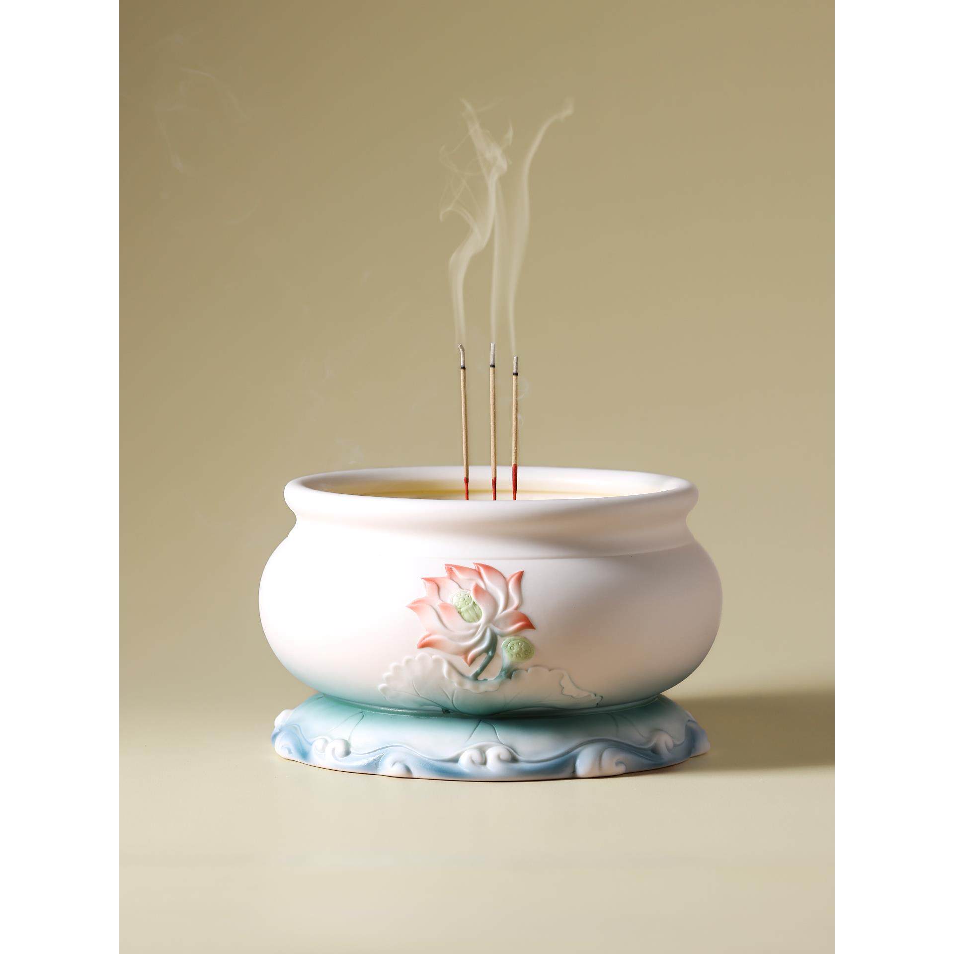 陶瓷供佛香炉插香炉佛具用品家用室内上香烧香炉佛堂莲花香座摆件