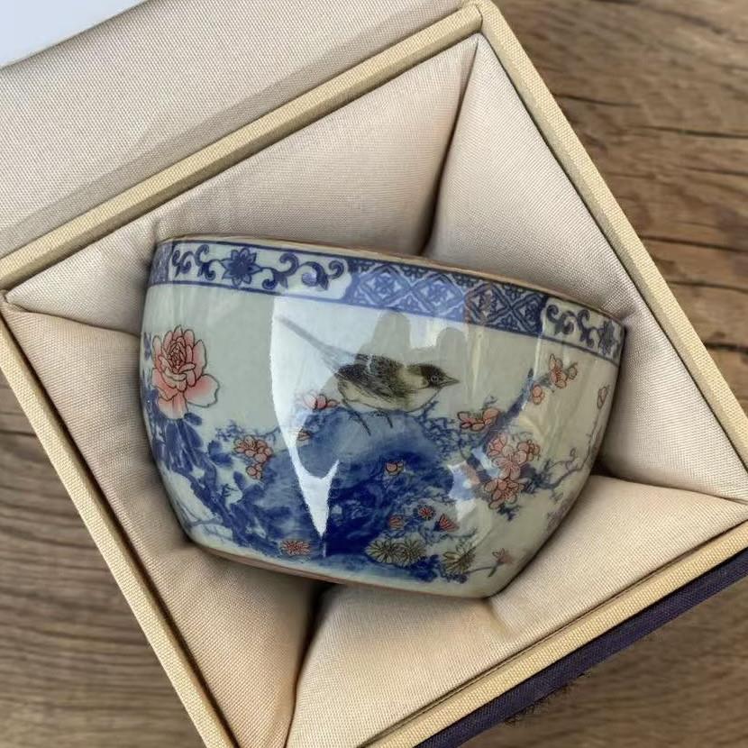 景德镇青花老陶泥开片可养青花山水主人杯陶瓷茶杯茶具
