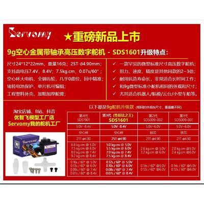 Servomy SDS1601 9g舵机金属带轴承8.4V高压空心数字伺服电机SG90