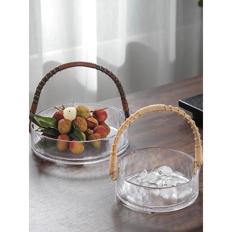 水果盘客厅家用ins风水晶玻璃果盆 点心盘子网红简约轻奢藤编果篮