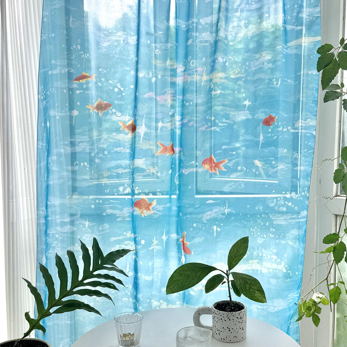 网红金鱼ins风透光窗帘雪纺纱海水窗纱飘窗帘布门帘飘逸阳台纱帘