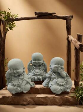 蓝砂岩创意三祇小和尚茶宠物饰品可以养禅宗佛像盆景鱼缸景观饰品
