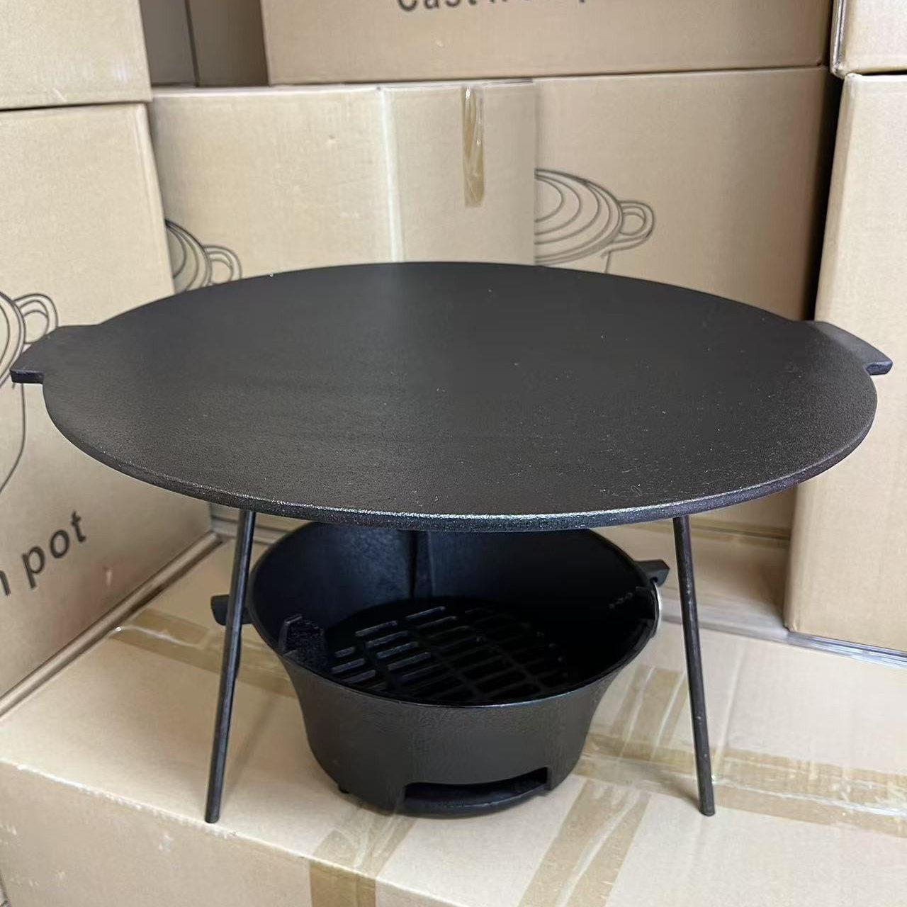 44CM大烤盘户外烤盘无涂层烤盘加厚铸铁烙饼锅大烤盘+炭炉