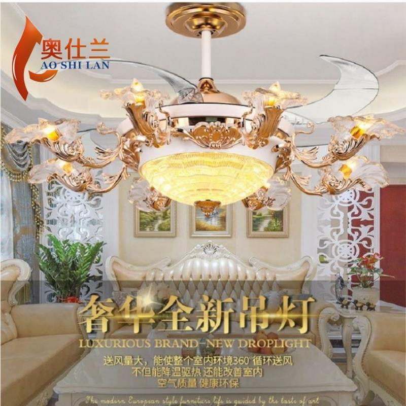 欧式轻奢水晶隐形吊扇灯52寸餐厅客厅风扇灯智能大气带电风扇吊灯